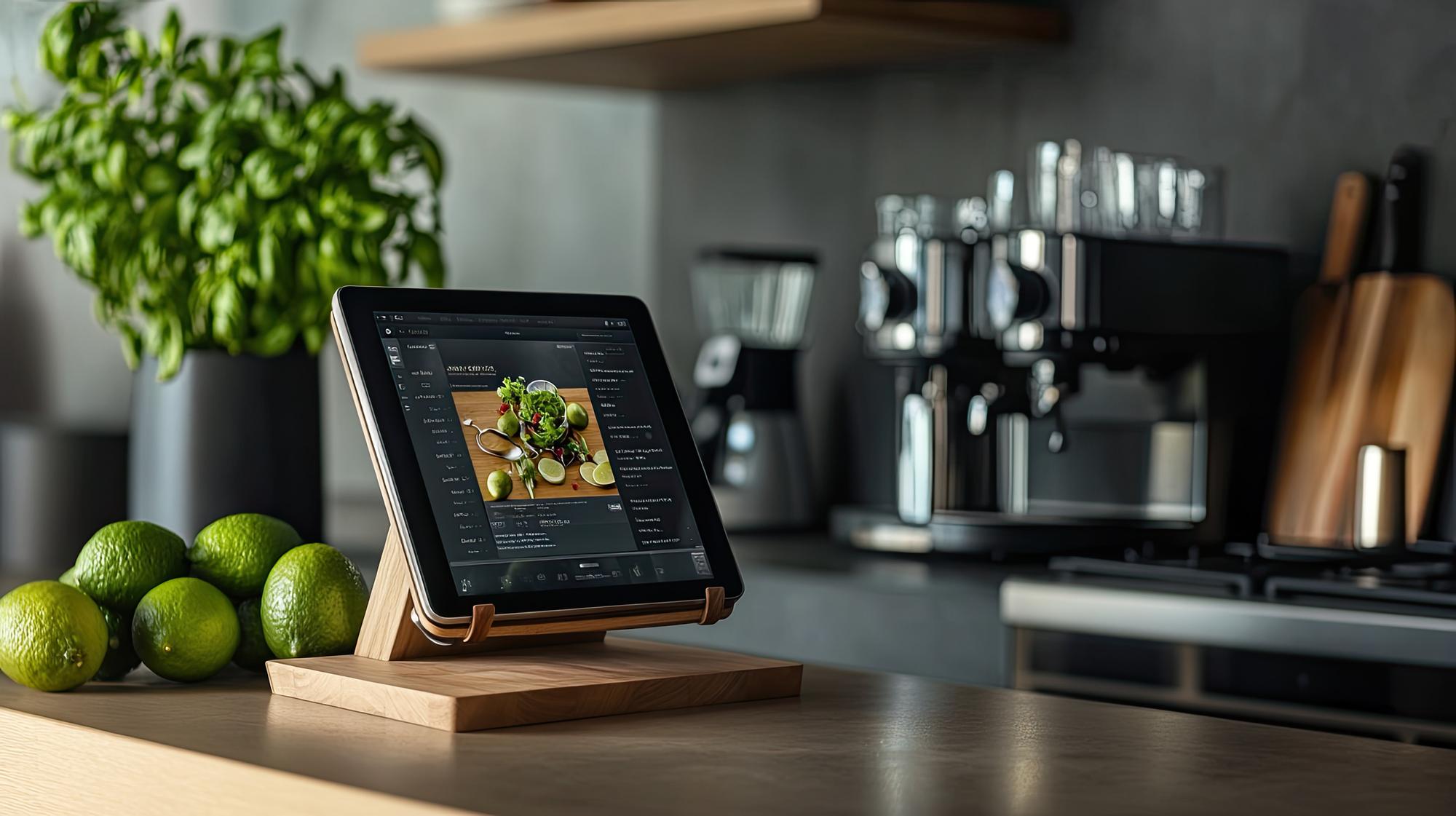 Contact desk with tablet showing recipes