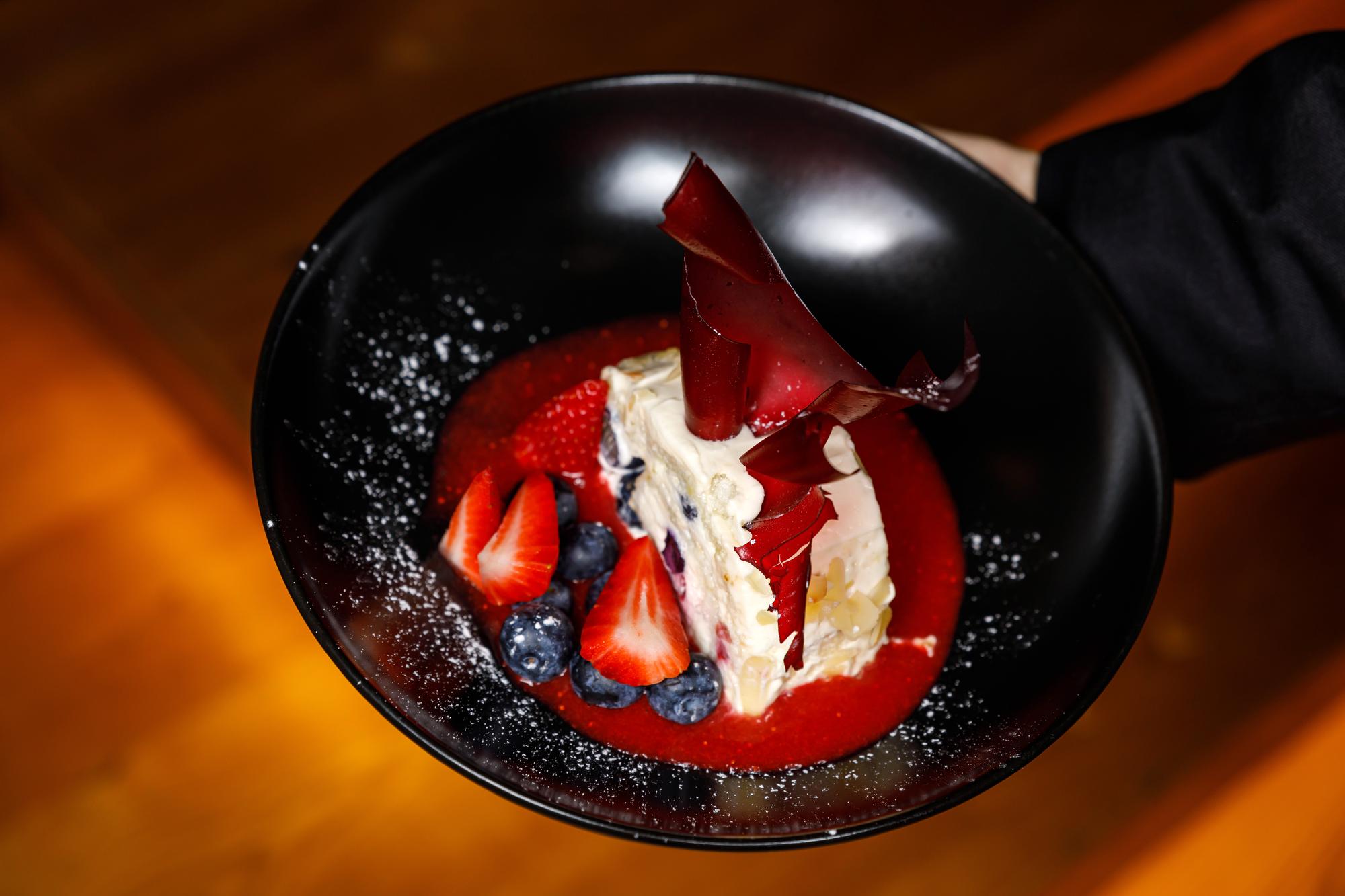 Close-up of plated dessert with modern plating