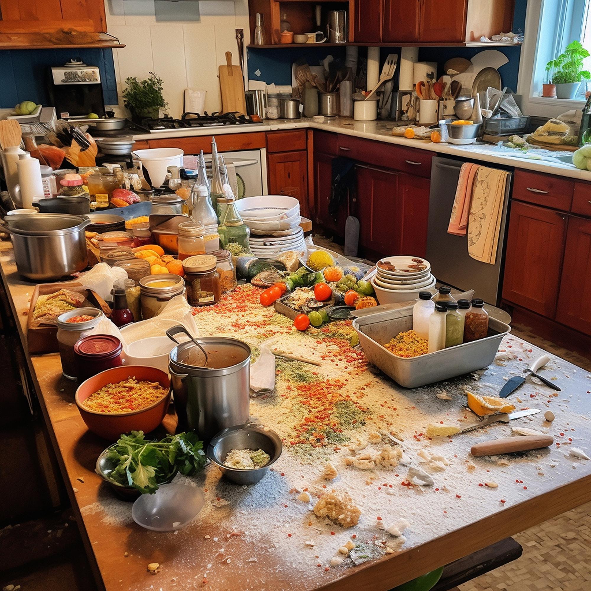 Traditional messy prep with scattered ingredients